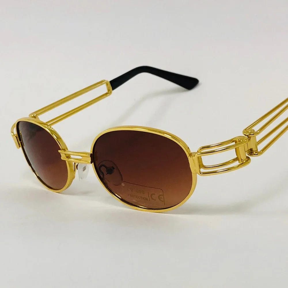Oval Sunglasses Gold Frame Brown Lens‎ UV400 Protection Fashion Shades Hip Hop